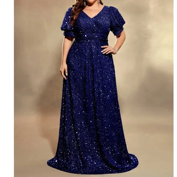 Plus Sequin Puff Sleeve High Waisted Party Formal Wedding Dress - Picture 8 of 9